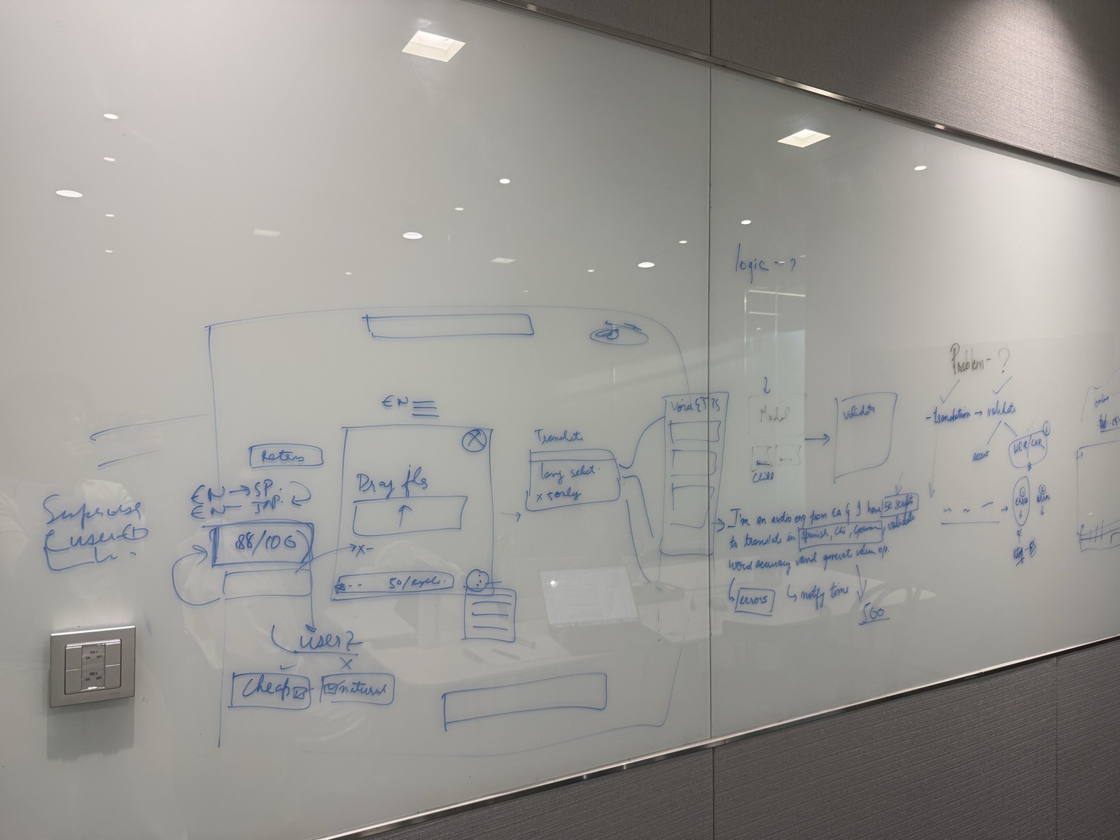 Whiteboard sketch of the OnePin flow: input, translate, model, validate, errors → notify, Seoul on-site