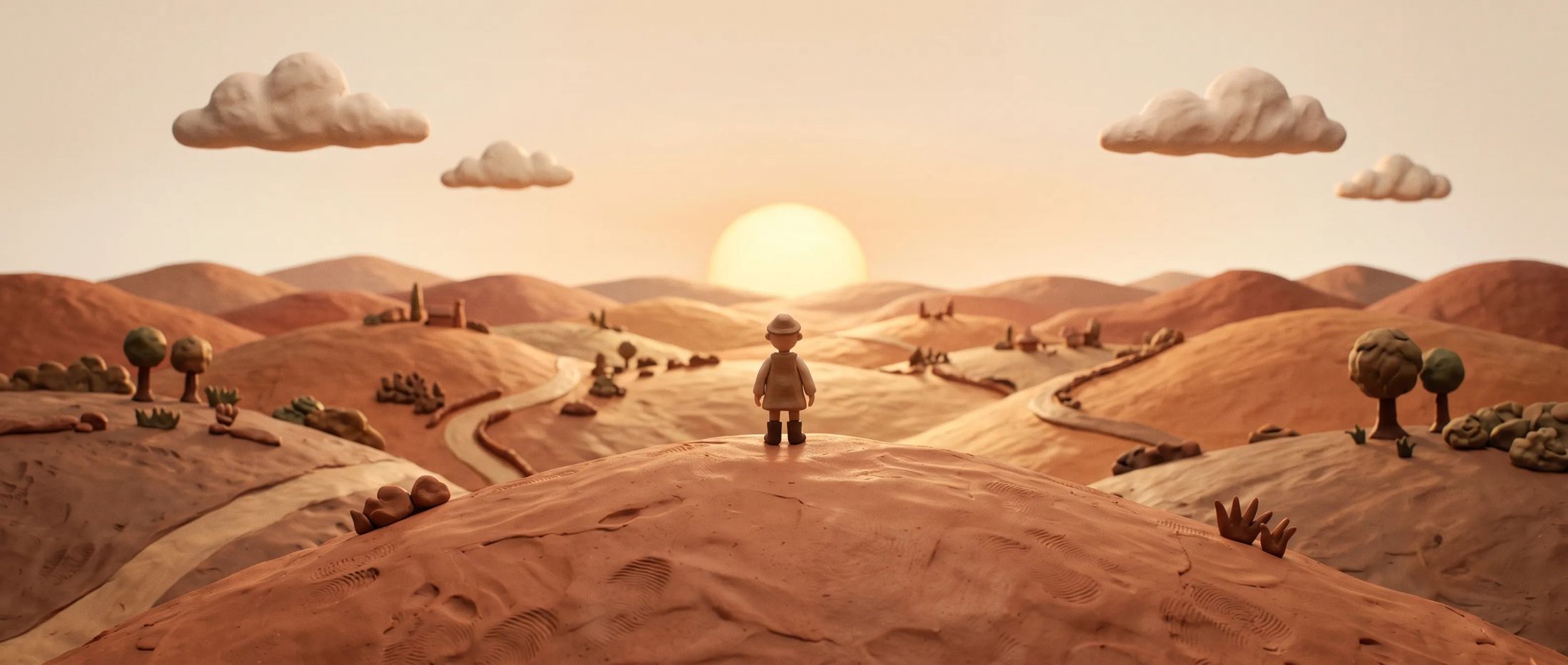A handmade clay dreamworld: rolling terracotta hills, clay clouds, and the maker standing before a low sun